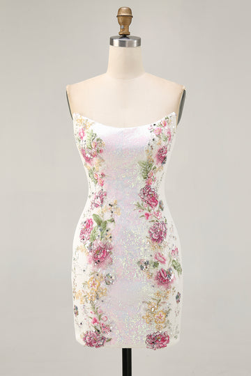 Sparkly Bodycon Strapless White Flower Homecoming Dress